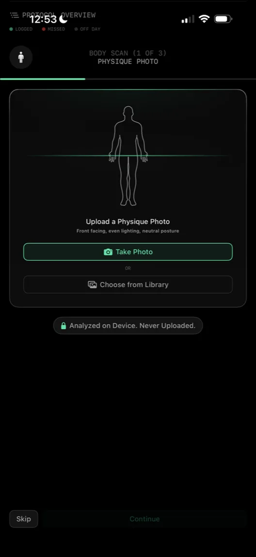Body scan physique photo upload, analyzed on device
