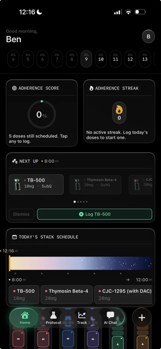 Peptide AI home dashboard with adherence score, streak, next scheduled dose, and today's stack schedule