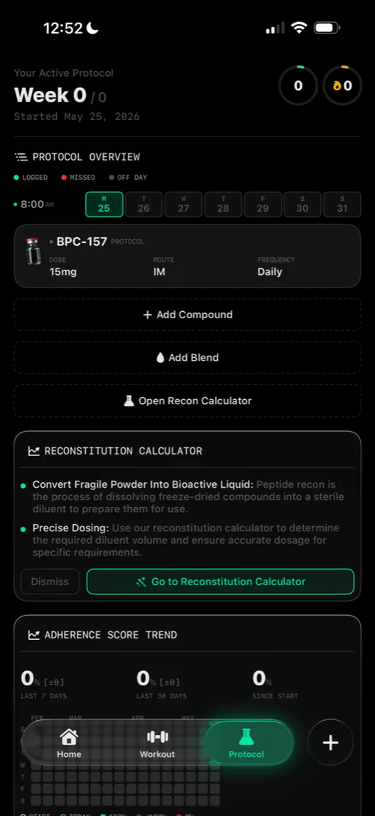 Active protocol screen with BPC-157 dose, route, and frequency