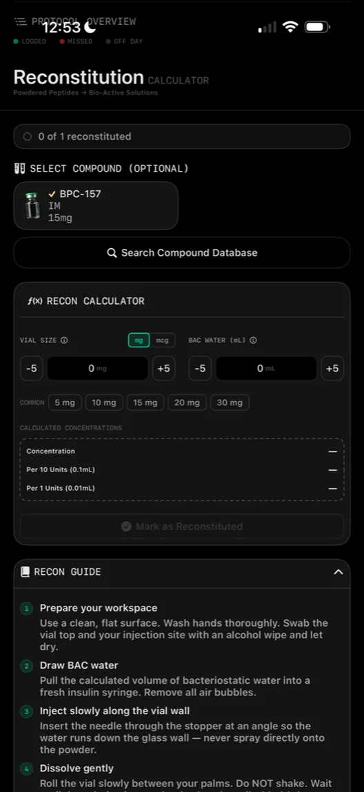 Reconstitution calculator with vial size, BAC water, and concentration