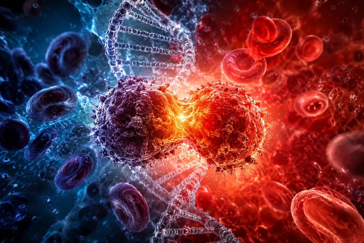 3D illustration of a DNA double helix and dividing cells surrounded by red blood cells, representing peptide signaling in the body.